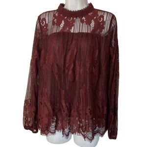 Xhilaration Burgundy Scalloped Mock Neck Sheer Lace Overlay Top M